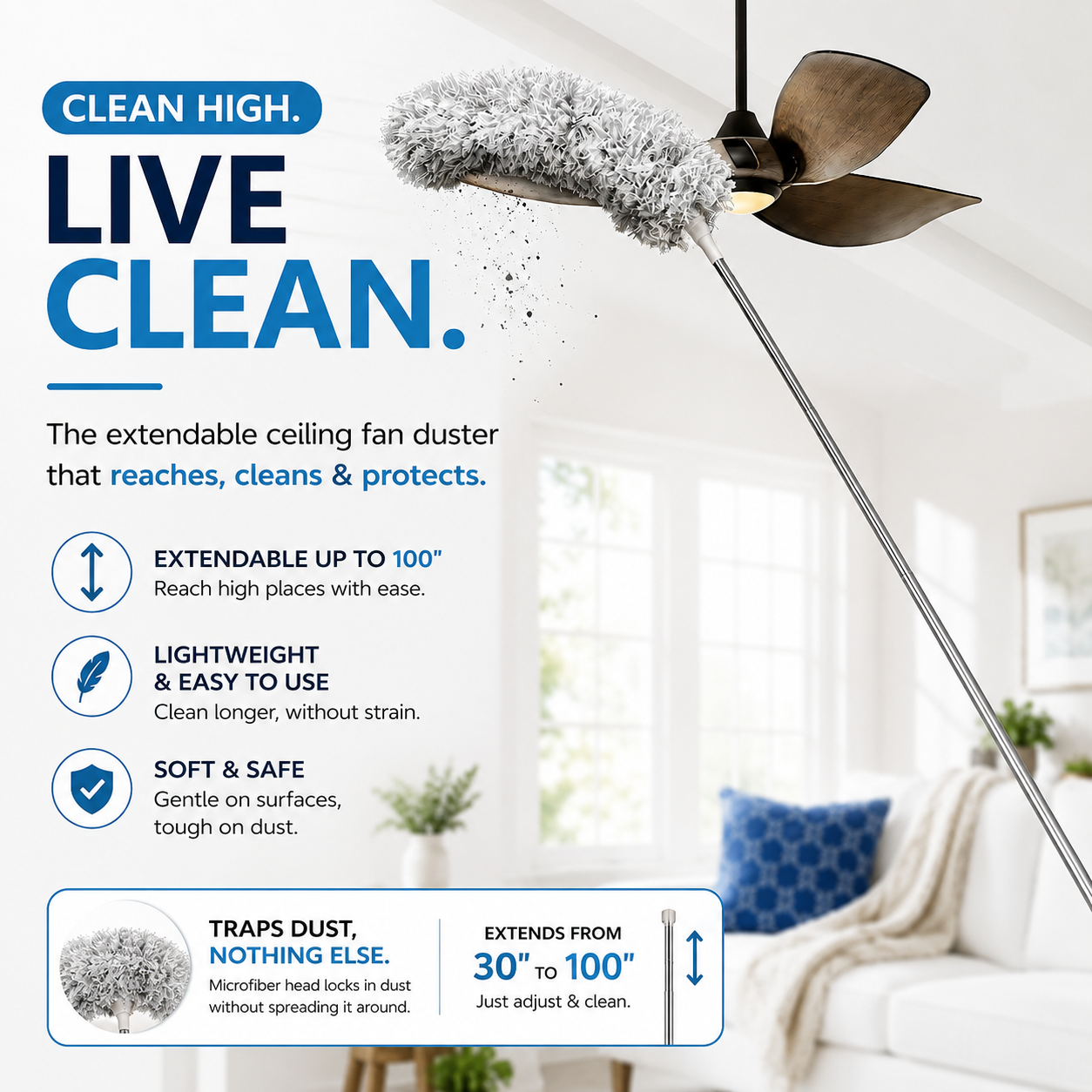 Microfiber Duster for Cleaning Telescopic Extension Long Pole Bendable Head, Scratch-Resistant Cover